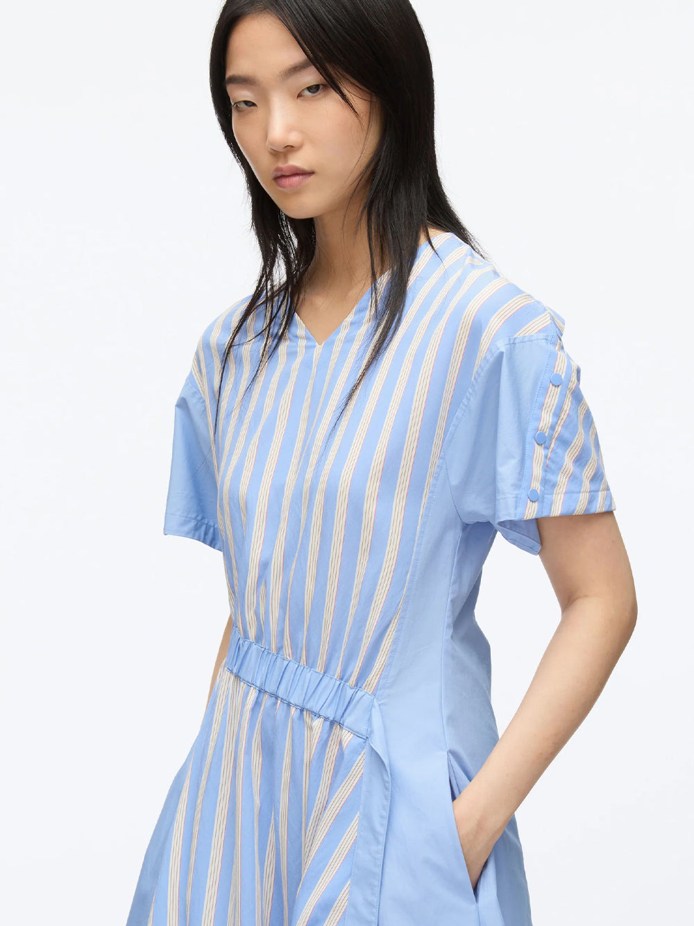 V Neck Dress with Elasticated Waist (Oxford Blue)