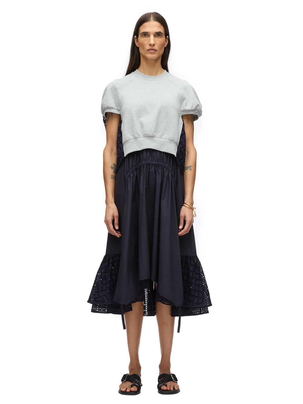 French Terry Dress with Broderie Anglaise (Heather Grey)