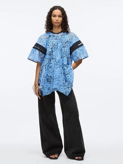 Corded Embroidered Lace Short Sleeve Top (Blue Multi)