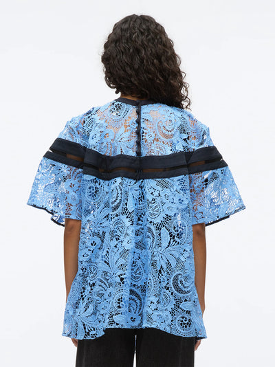 Corded Embroidered Lace Short Sleeve Top (Blue Multi)