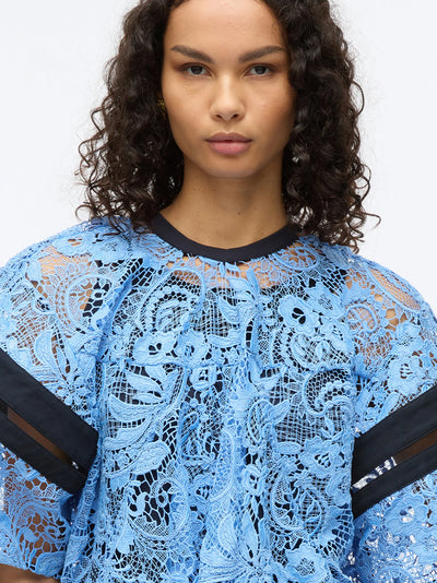 Corded Embroidered Lace Short Sleeve Top (Blue Multi)