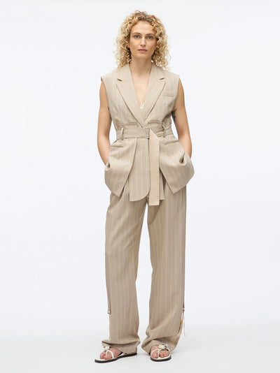 Fluid Pinstripe Belted Blazer Vest (Fawn)