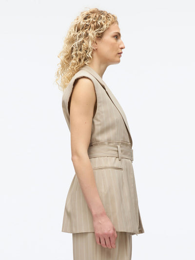 Fluid Pinstripe Belted Blazer Vest (Fawn)