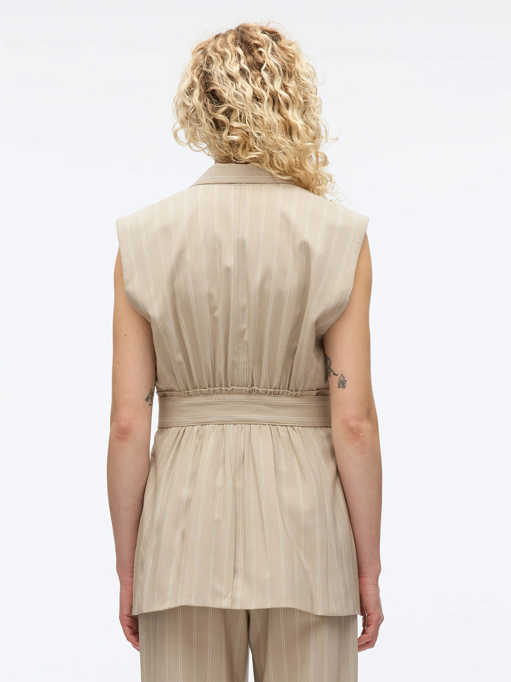 Fluid Pinstripe Belted Blazer Vest (Fawn)