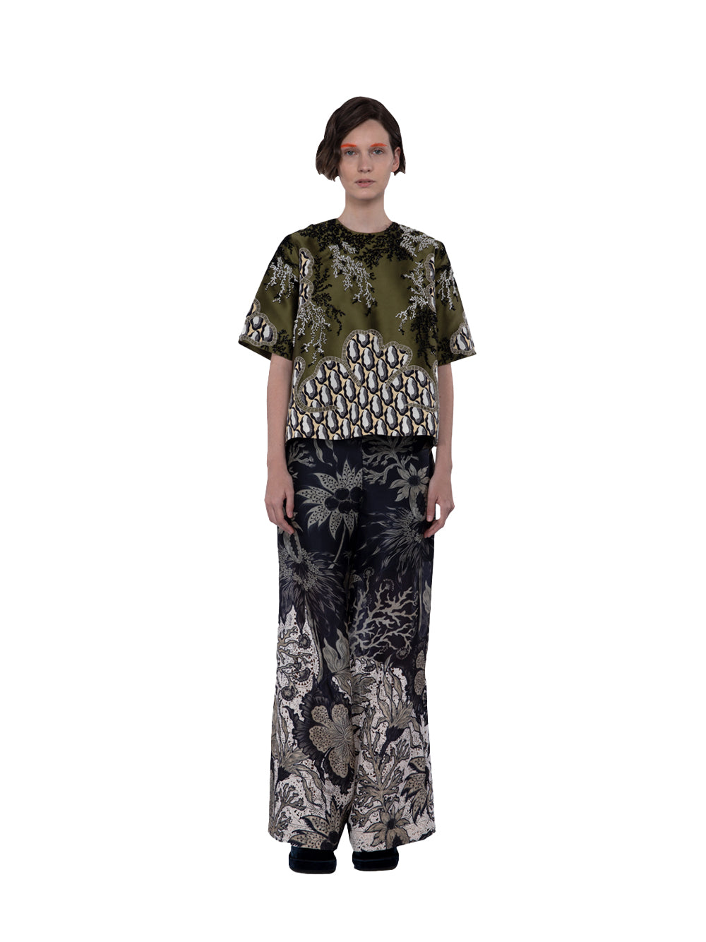 Embellished Mix Taffeta And Twill Silk Print Top Moss-creme