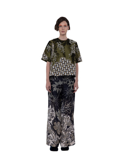 Embellished Mix Taffeta And Twill Silk Print Top Moss-creme