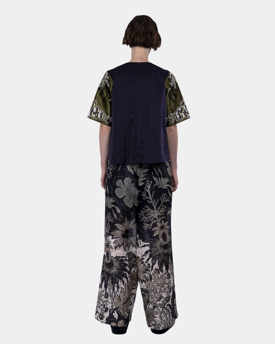 Embellished Mix Taffeta And Twill Silk Print Top Moss-creme