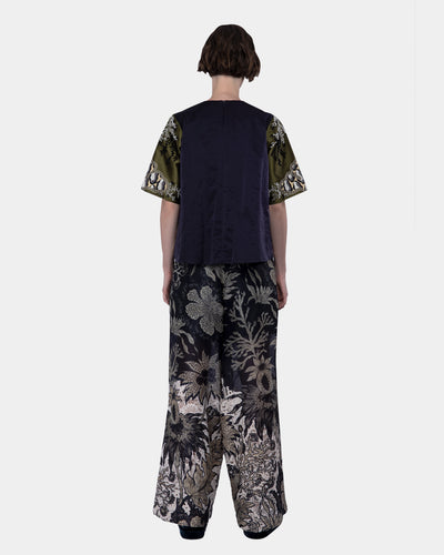 Embellished Mix Taffeta And Twill Silk Print Top Moss-creme
