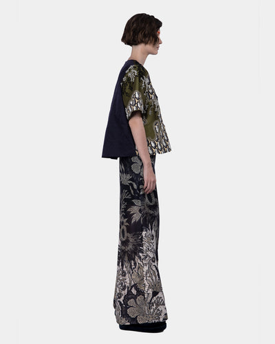 Embellished Mix Taffeta And Twill Silk Print Top Moss-creme
