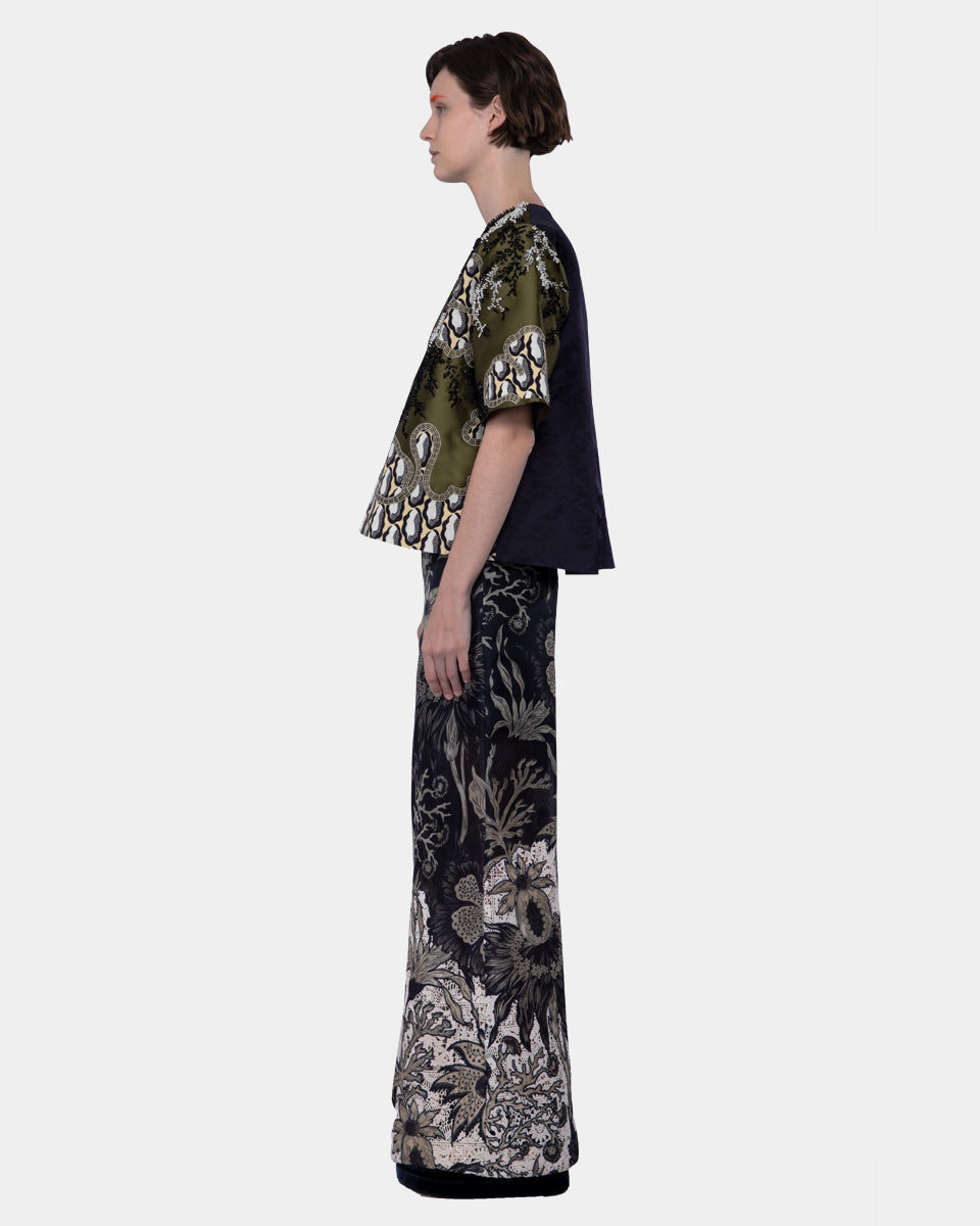 Embellished Mix Taffeta And Twill Silk Print Top Moss-creme