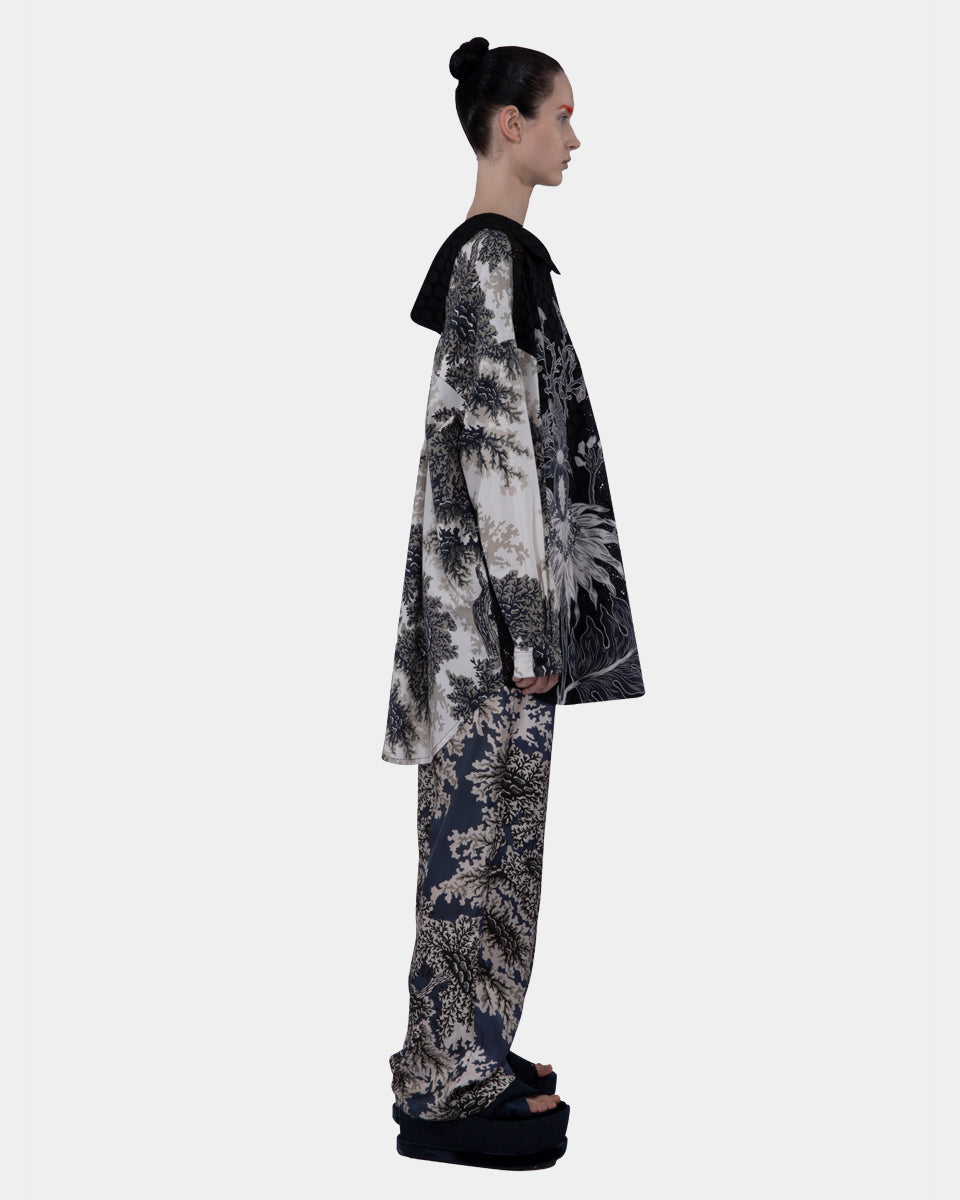 Mix Cotton Eyelet And Cotton Print Low Back Collar Navy-bronze