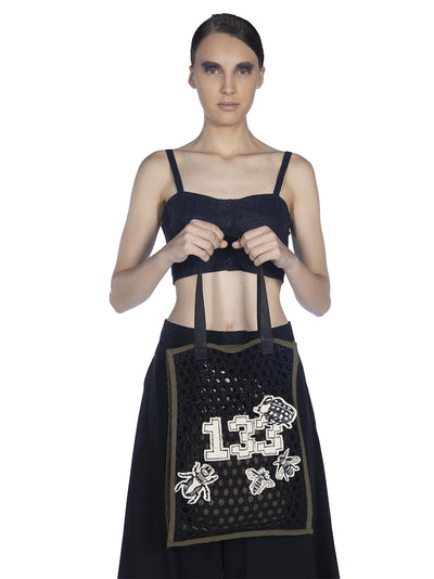 Embroidered Medium Cotton Tote Black-ecru