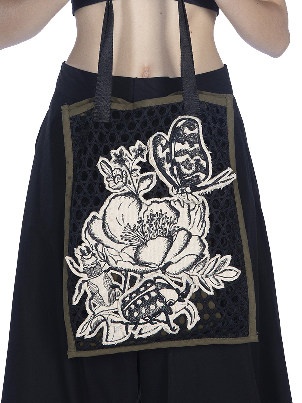 Embroidered Medium Cotton Tote Black-ecru