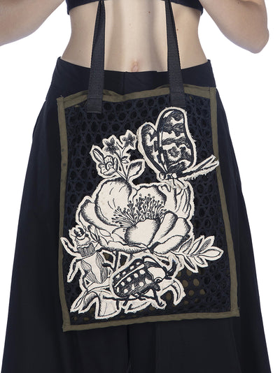 Embroidered Medium Cotton Tote Black-ecru