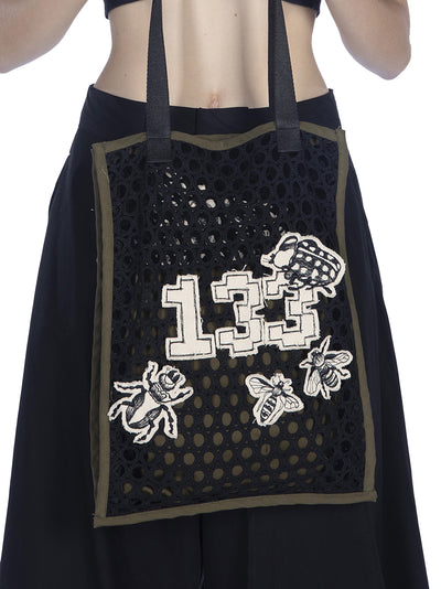 Embroidered Medium Cotton Tote Black-ecru
