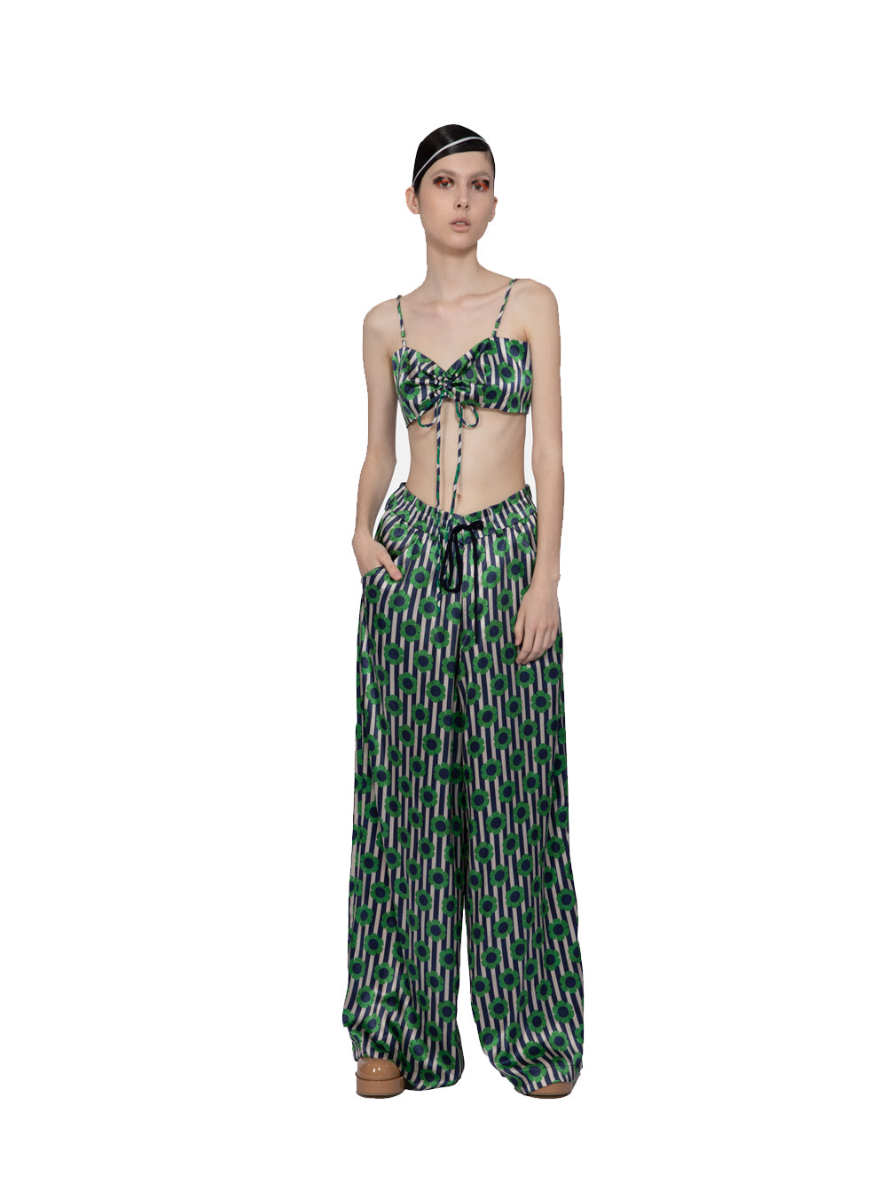 Satin Silk Print Bralette Top Green Blue