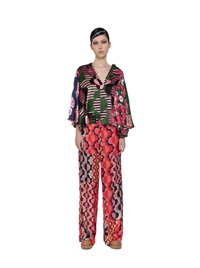 Mix Satin Silk Print Wide Sleeve Blouse Multicolor