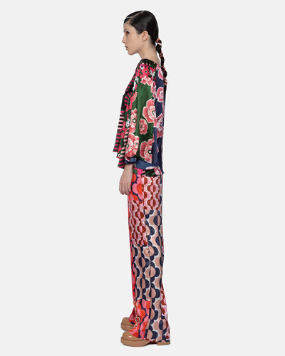 Mix Satin Silk Print Wide Sleeve Blouse Multicolor