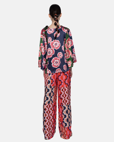 Mix Satin Silk Print Wide Sleeve Blouse Multicolor