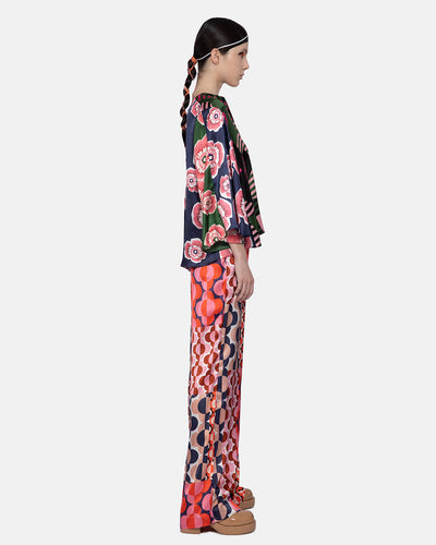 Mix Satin Silk Print Wide Sleeve Blouse Multicolor