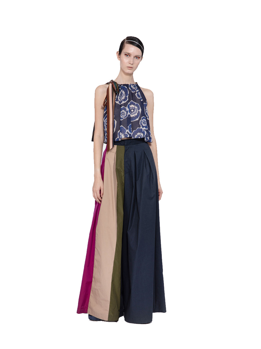 Mix Fabric Halter Top Navy