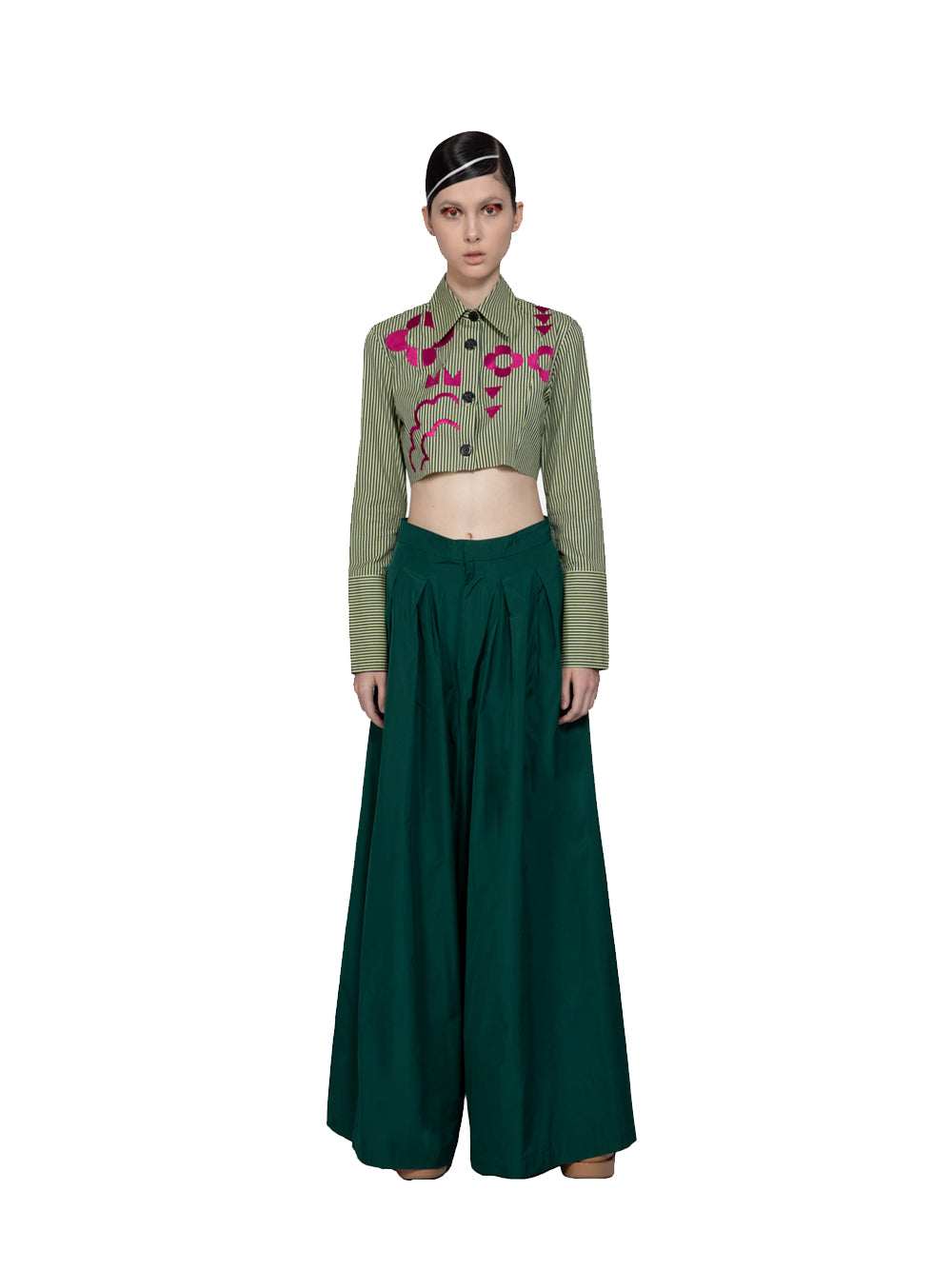 Embroidered Cotton Cropped Long Sleeve Shirt Green Stripe