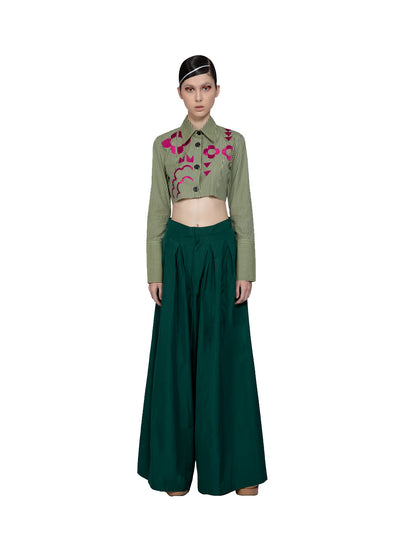 Embroidered Cotton Cropped Long Sleeve Shirt Green Stripe