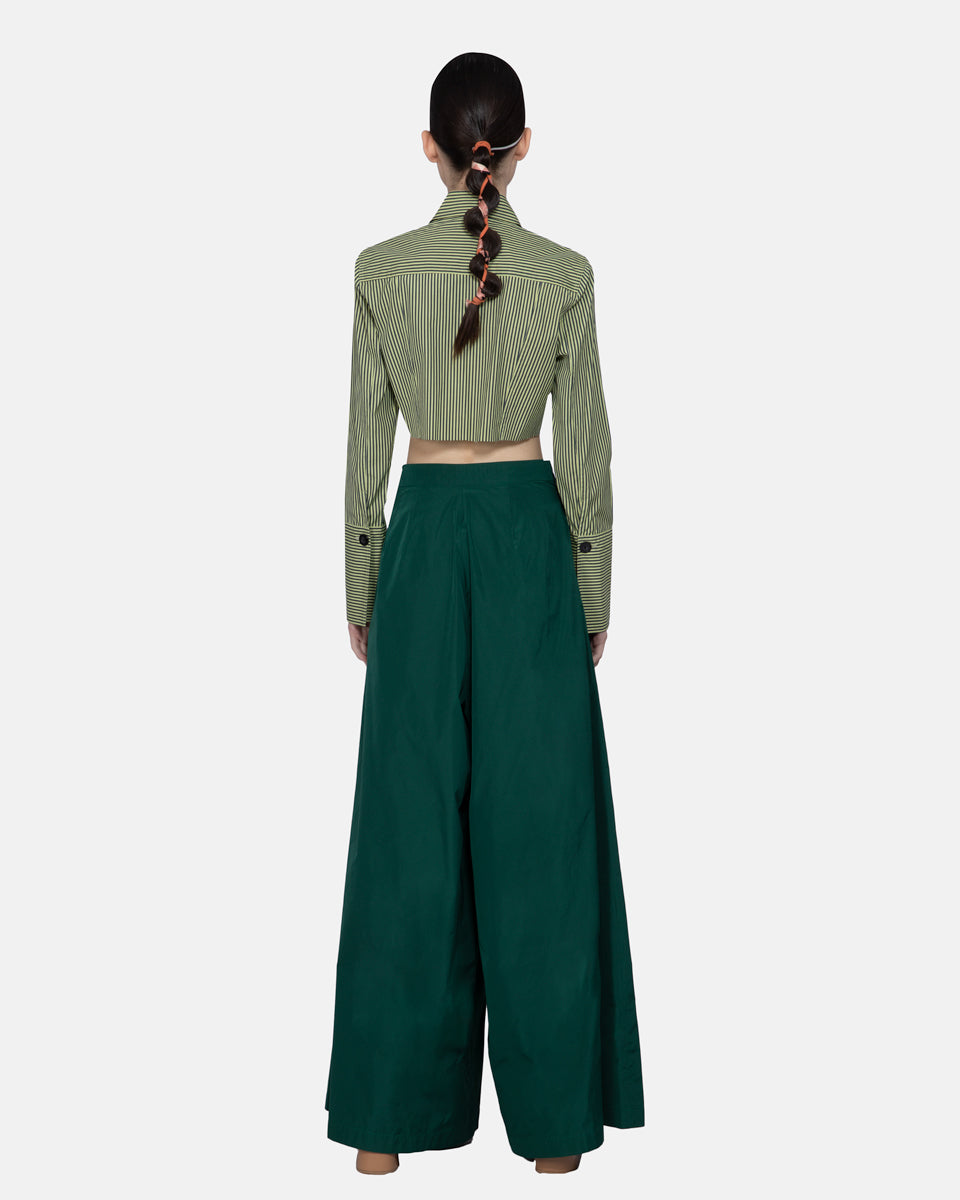 Embroidered Cotton Cropped Long Sleeve Shirt Green Stripe