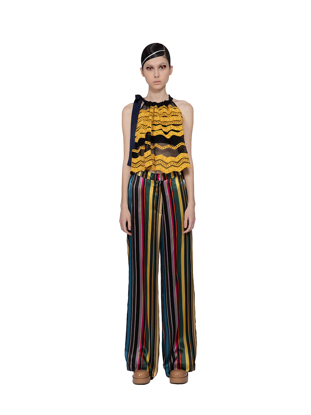 Organza With Lace Embroidered Halter Blouse Black-yellow