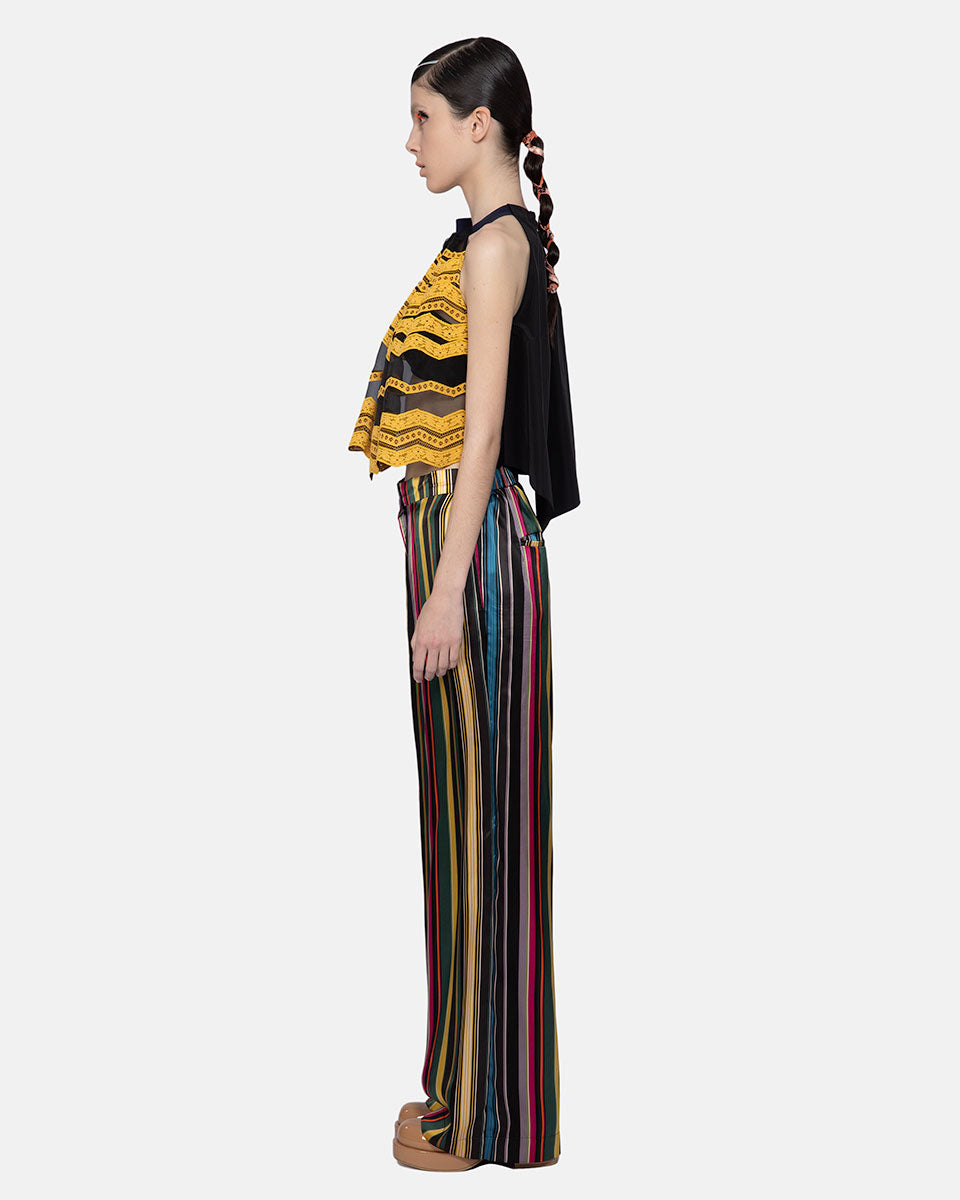 Organza With Lace Embroidered Halter Blouse Black-yellow