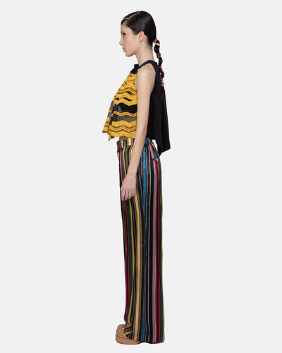 Organza With Lace Embroidered Halter Blouse Black-yellow