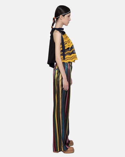 Organza With Lace Embroidered Halter Blouse Black-yellow