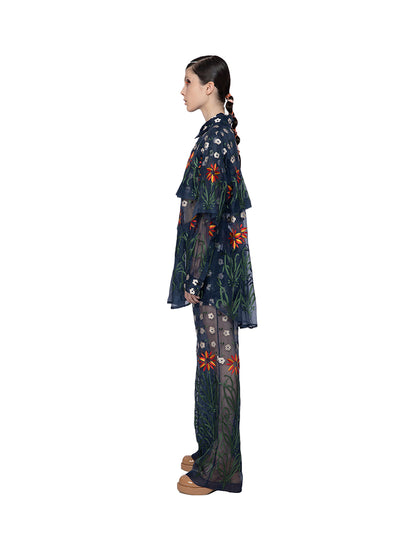 2 Pieces Organza Embroidered Blouse Navy