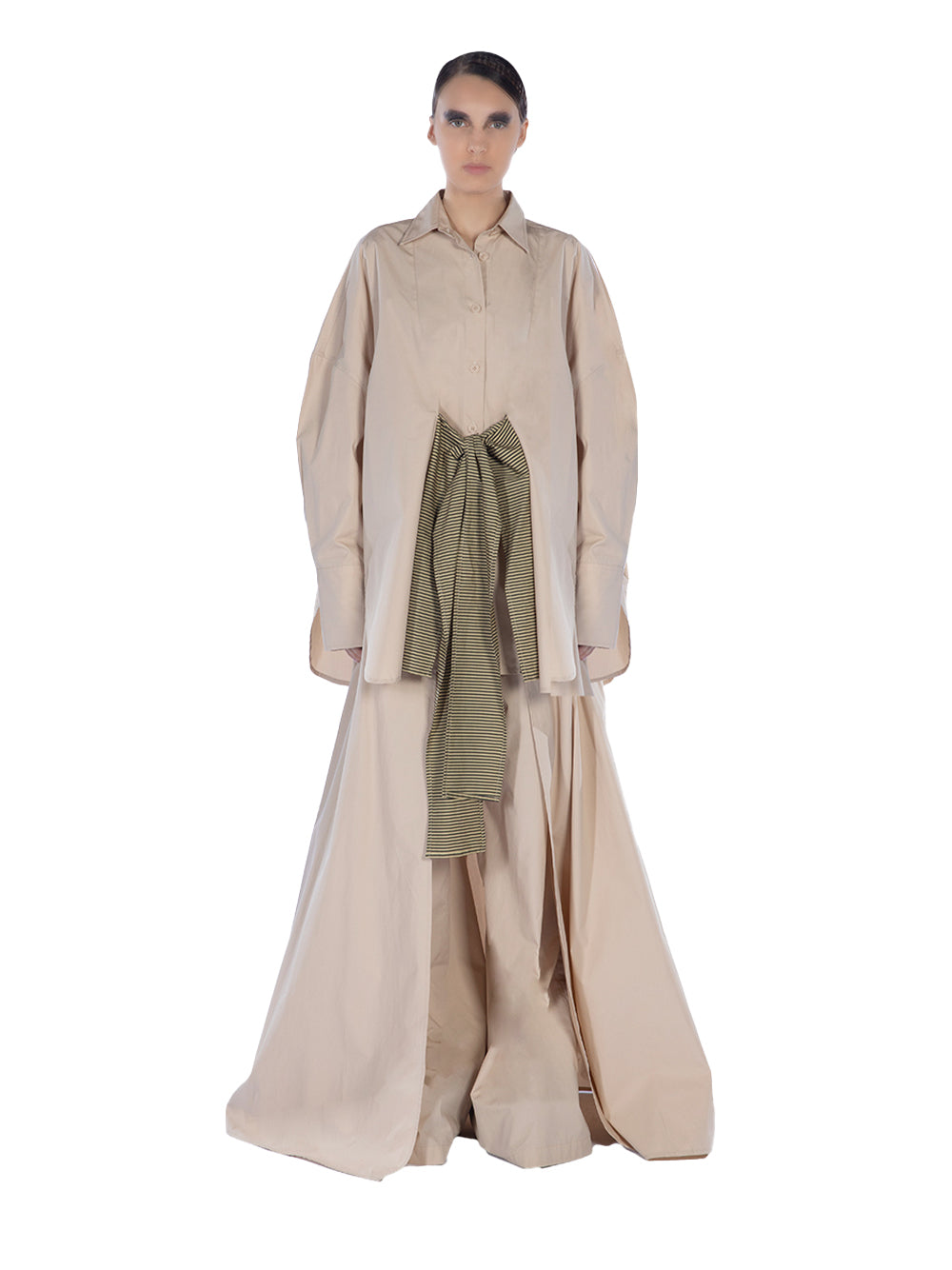 Cotton Long Sleeve Oversized Shirt With Bow Tie Cream