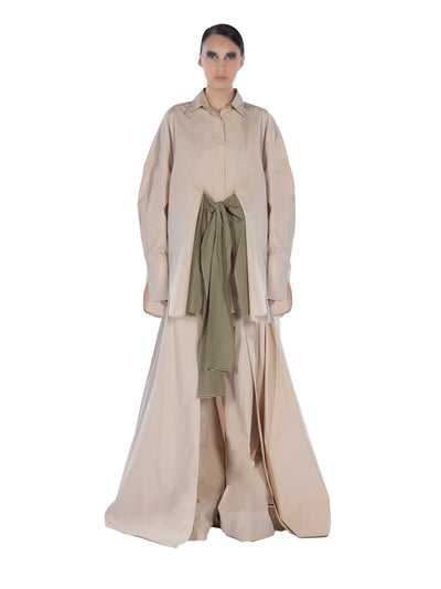 Cotton Long Sleeve Oversized Shirt With Bow Tie Cream