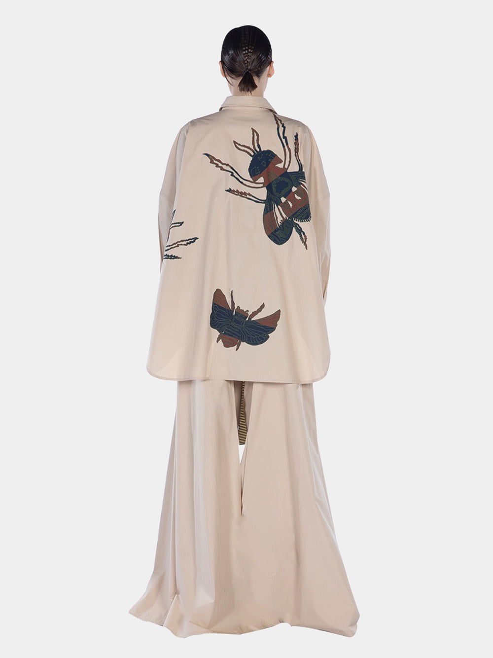 Cotton Long Sleeve Oversized Shirt With Bow Tie Cream