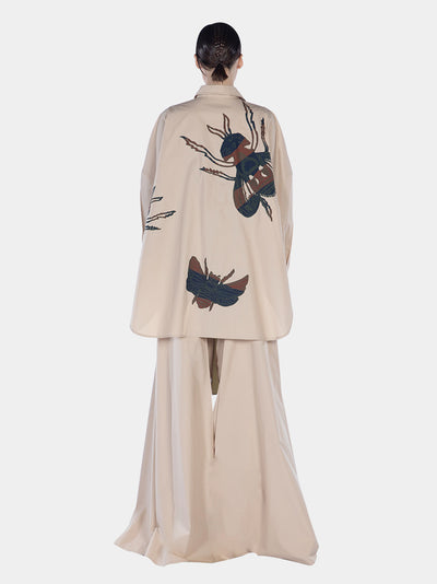 Cotton Long Sleeve Oversized Shirt With Bow Tie Cream