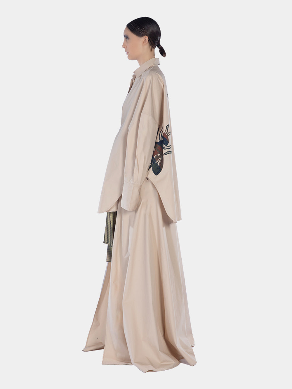 Cotton Long Sleeve Oversized Shirt With Bow Tie Cream