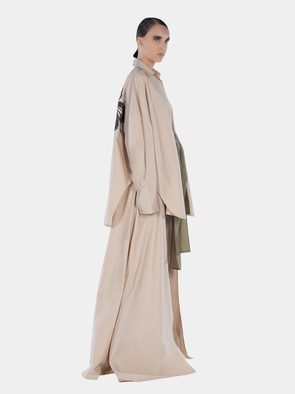 Cotton Long Sleeve Oversized Shirt With Bow Tie Cream