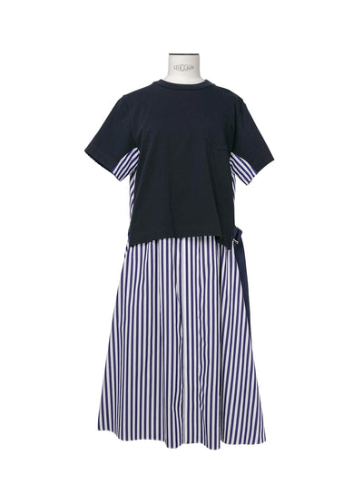 Cotton Poplin X Cotton Jersey Dress Navy Stripe