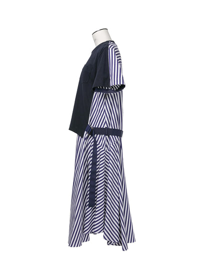 Cotton Poplin X Cotton Jersey Dress Navy Stripe