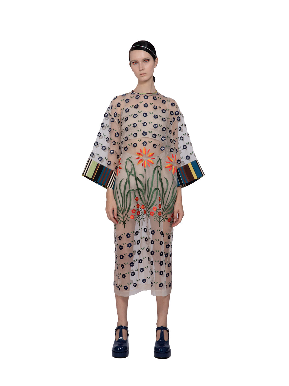Embroidered Organza Midi Dress Ecru
