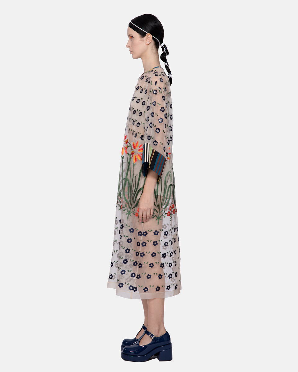 Embroidered Organza Midi Dress Ecru