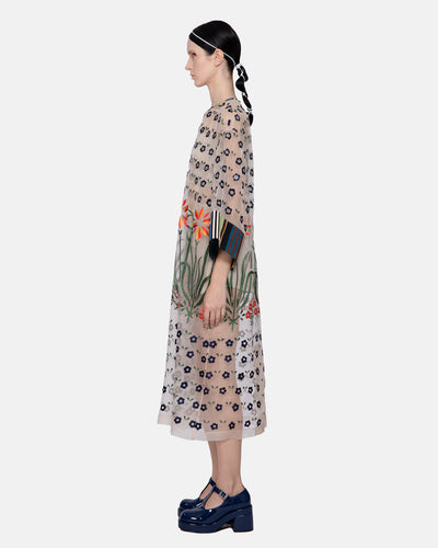 Embroidered Organza Midi Dress Ecru