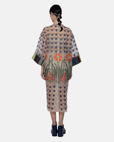Embroidered Organza Midi Dress Ecru