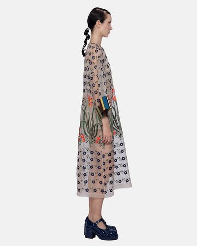 Embroidered Organza Midi Dress Ecru