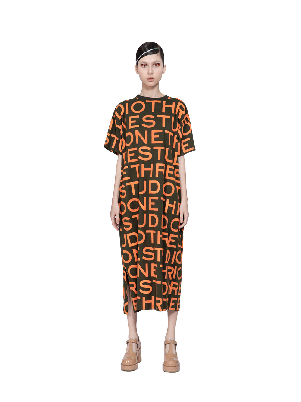 Graphic Screen Printed T-Shirt Dress Army Green-orange
