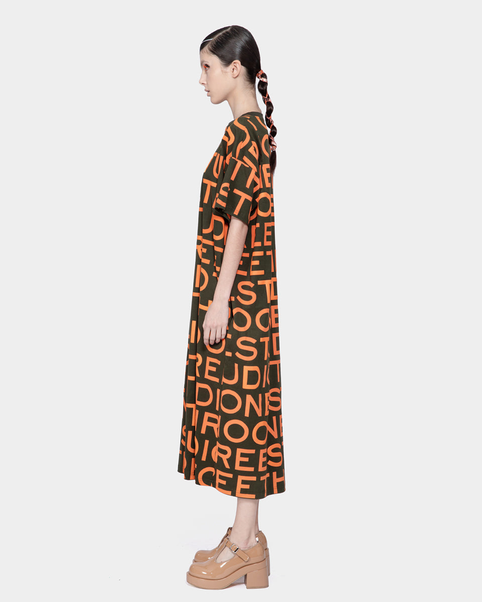 Graphic Screen Printed T-Shirt Dress Army Green-orange