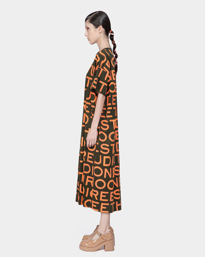 Graphic Screen Printed T-Shirt Dress Army Green-orange