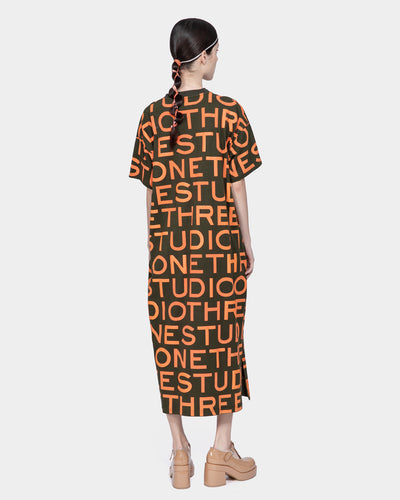 Graphic Screen Printed T-Shirt Dress Army Green-orange